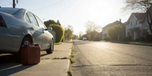 A car with an empty fuel can on the side of the road needs an emergency fuel delivery.