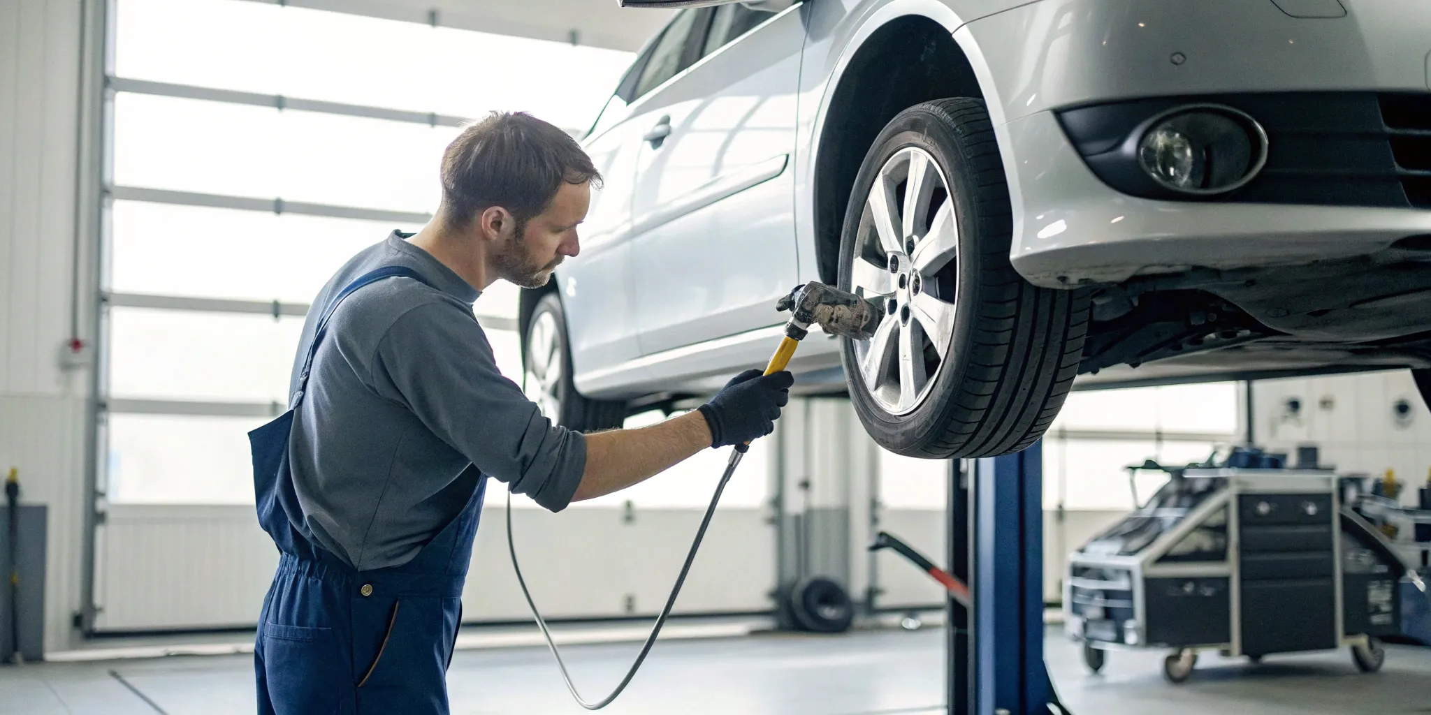 A person checks a car's brake lines for any sign of a fluid leak.