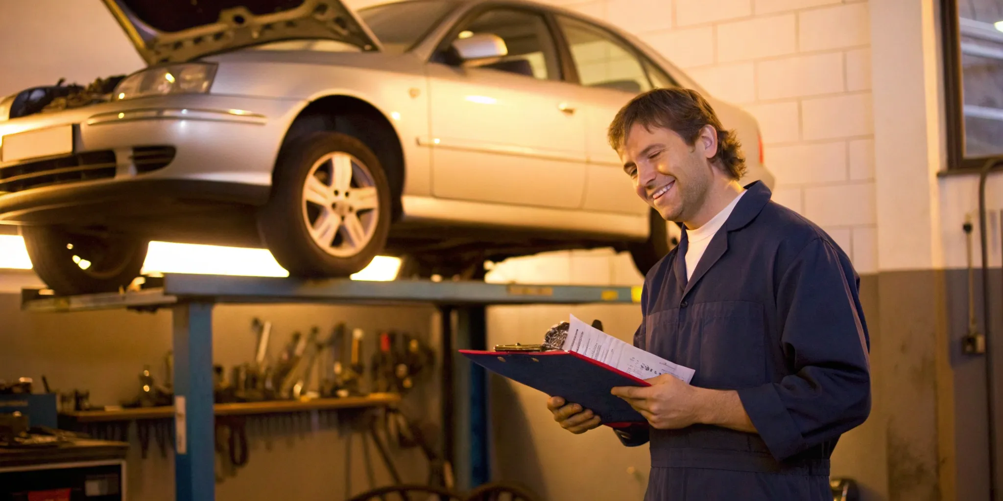 Mechanic at an auto shop reviews a car repair warranty with a car on a lift.