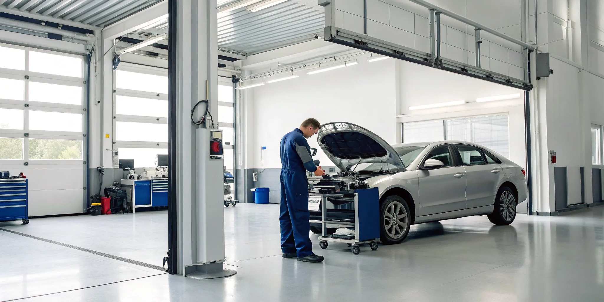 A same-day mechanic repairs a car's engine in a professional auto shop.
