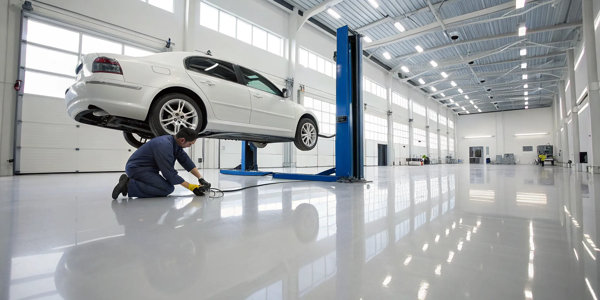 Mechanic performing a brake line inspection on a car raised on a lift.