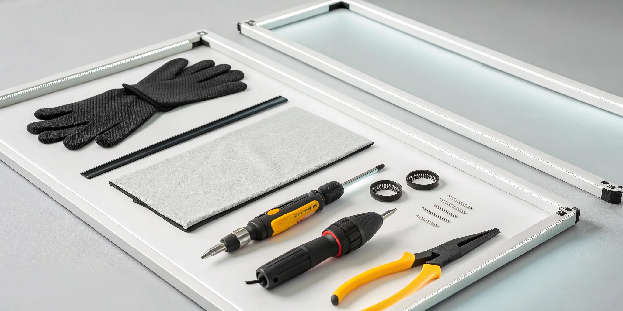 Gloves, screwdrivers, and pliers for a license plate light replacement.