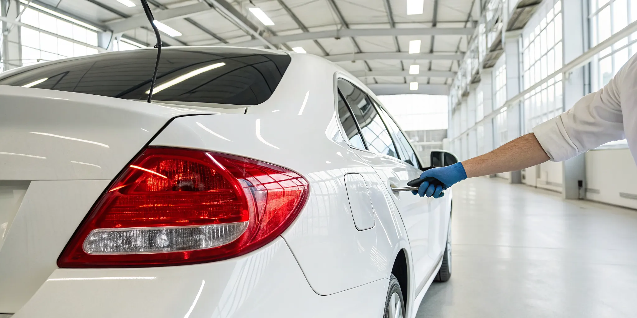 Gloved hands opening a car's brake light assembly to replace the bulb.