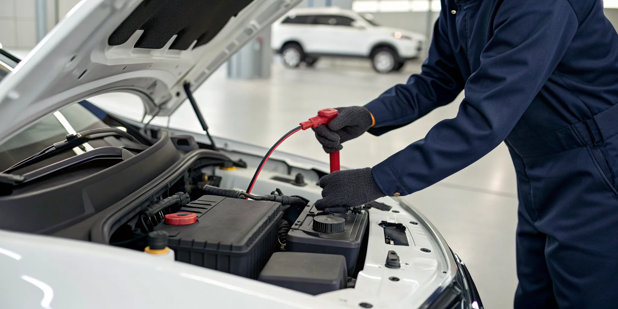 A mechanic performs a safe battery terminal replacement with gloves.