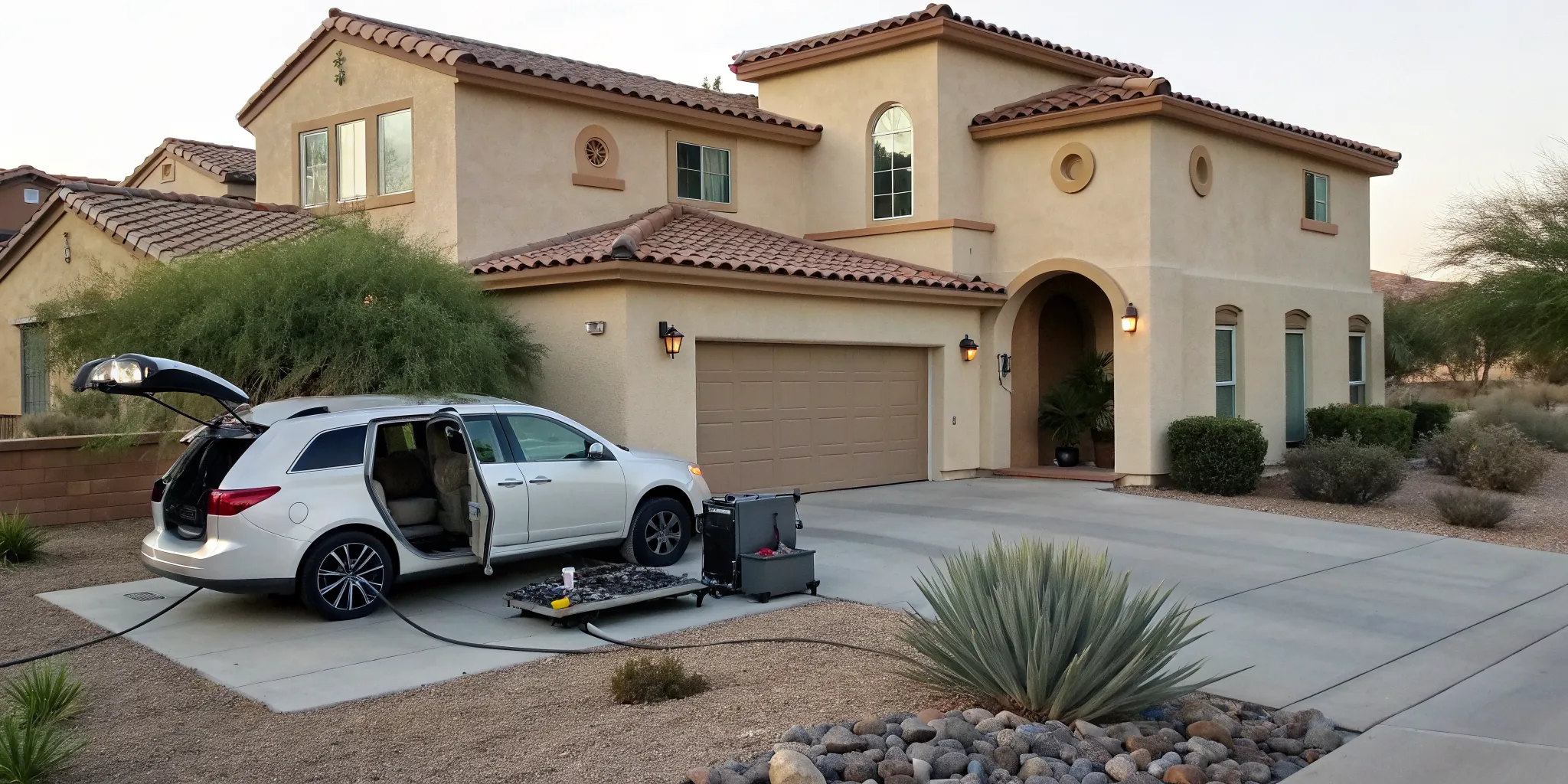 Mobile mechanic servicing a car at a second home in Las Vegas.
