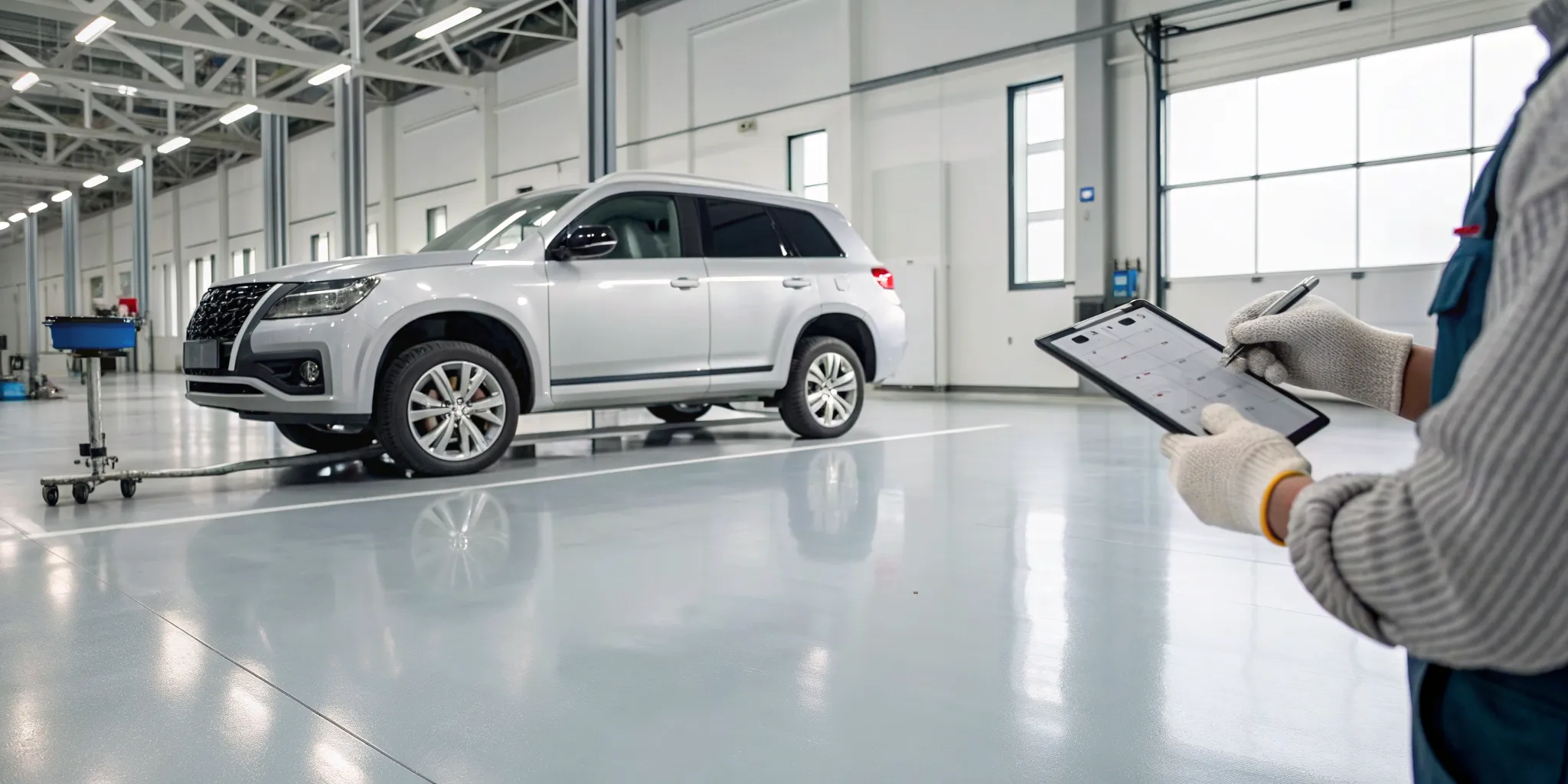 Technician conducting a quarterly vehicle inspection with a checklist on a tablet.