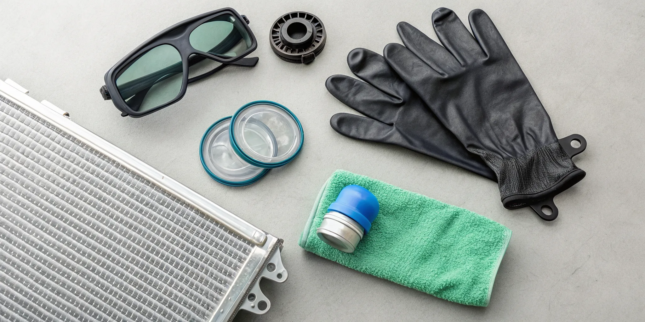 A radiator cap, pressure tester, gloves, and safety glasses ready for a test.