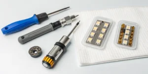 A new turn signal bulb and tools for a DIY replacement.