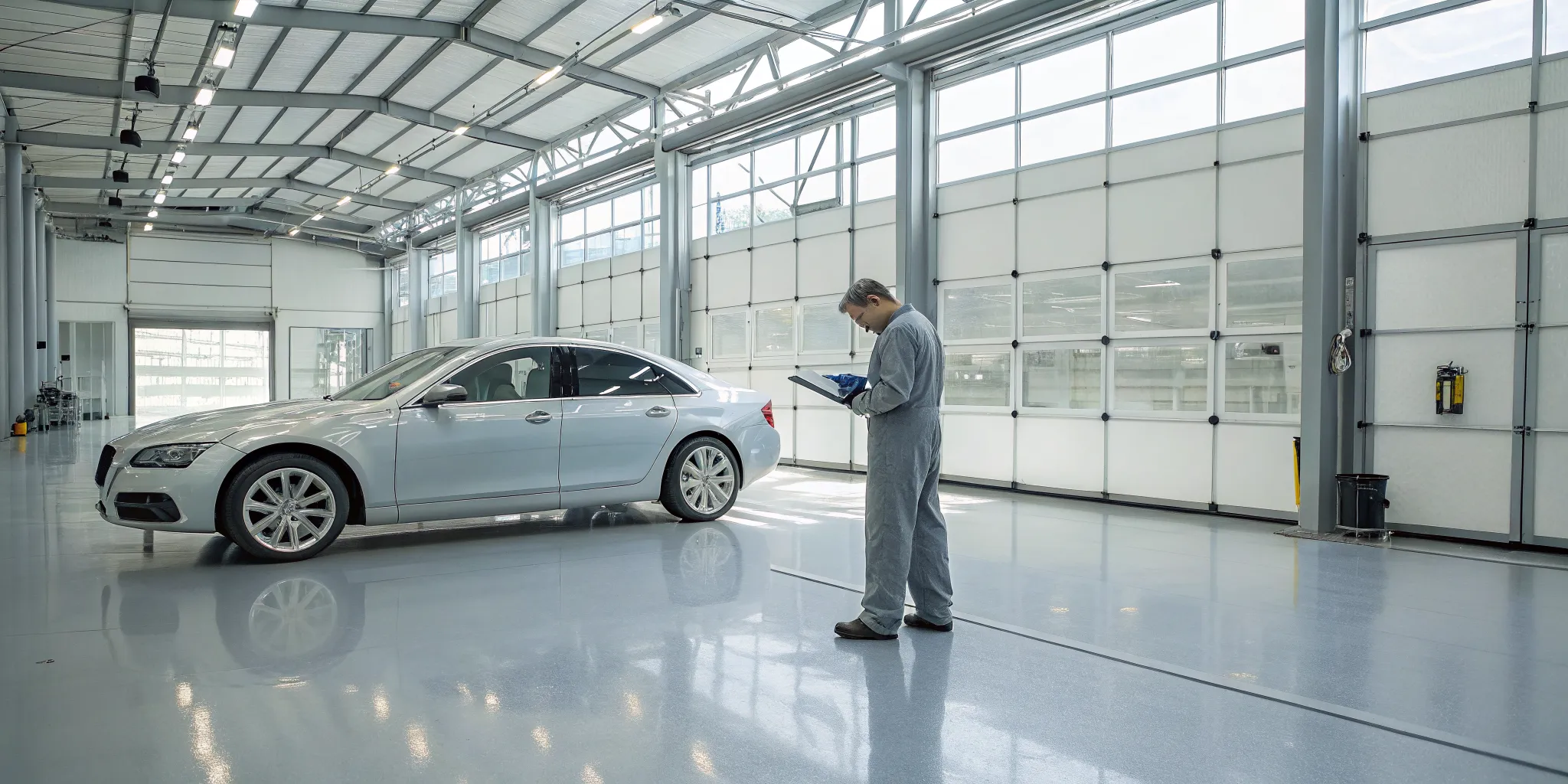 A mechanic checks a car's engine during a subscription vehicle inspection.
