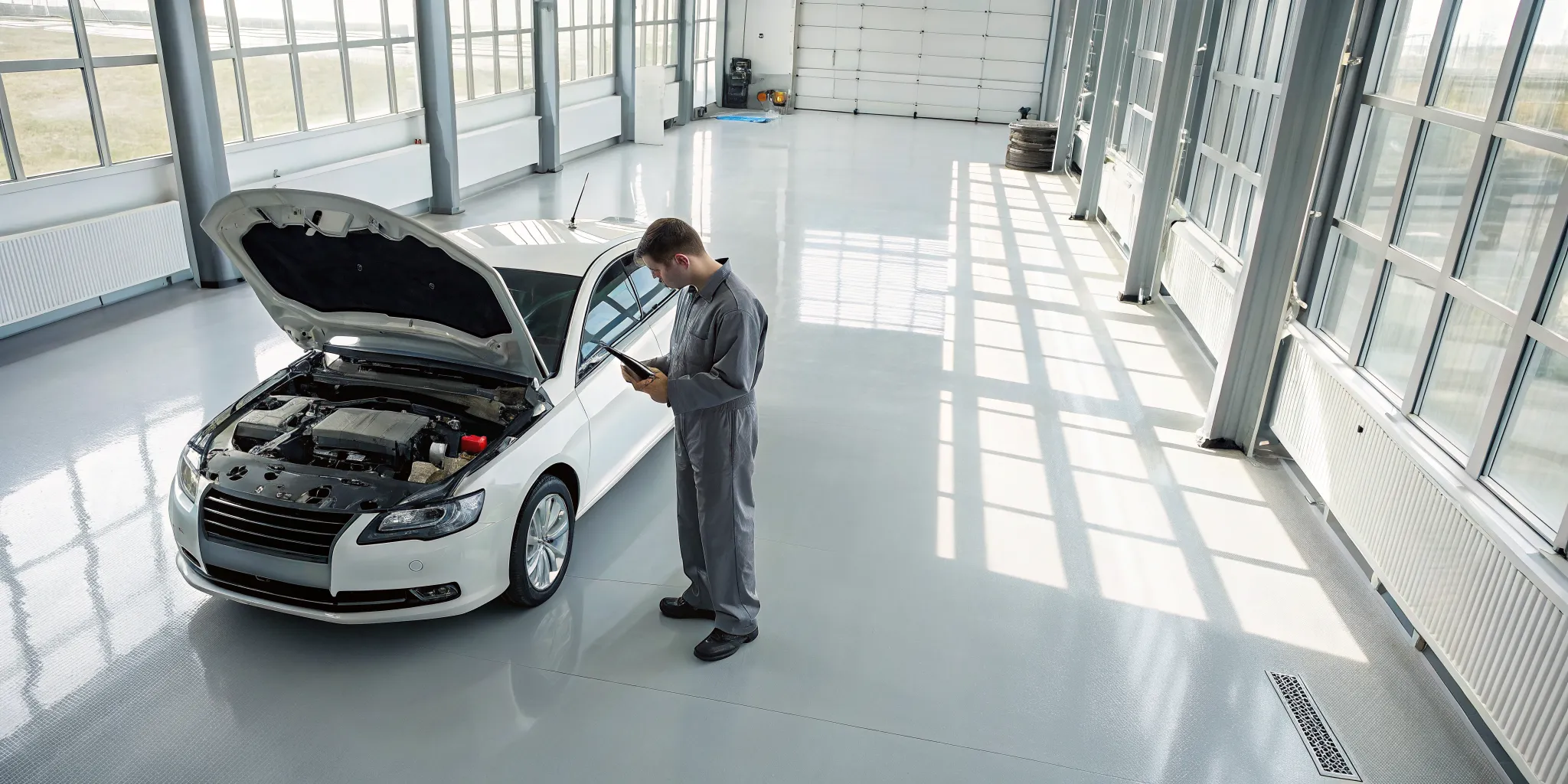 Mechanic performs an underhood inspection using a digital checklist on a tablet.