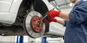 Mechanic performing brake caliper service on a car with the wheel removed.