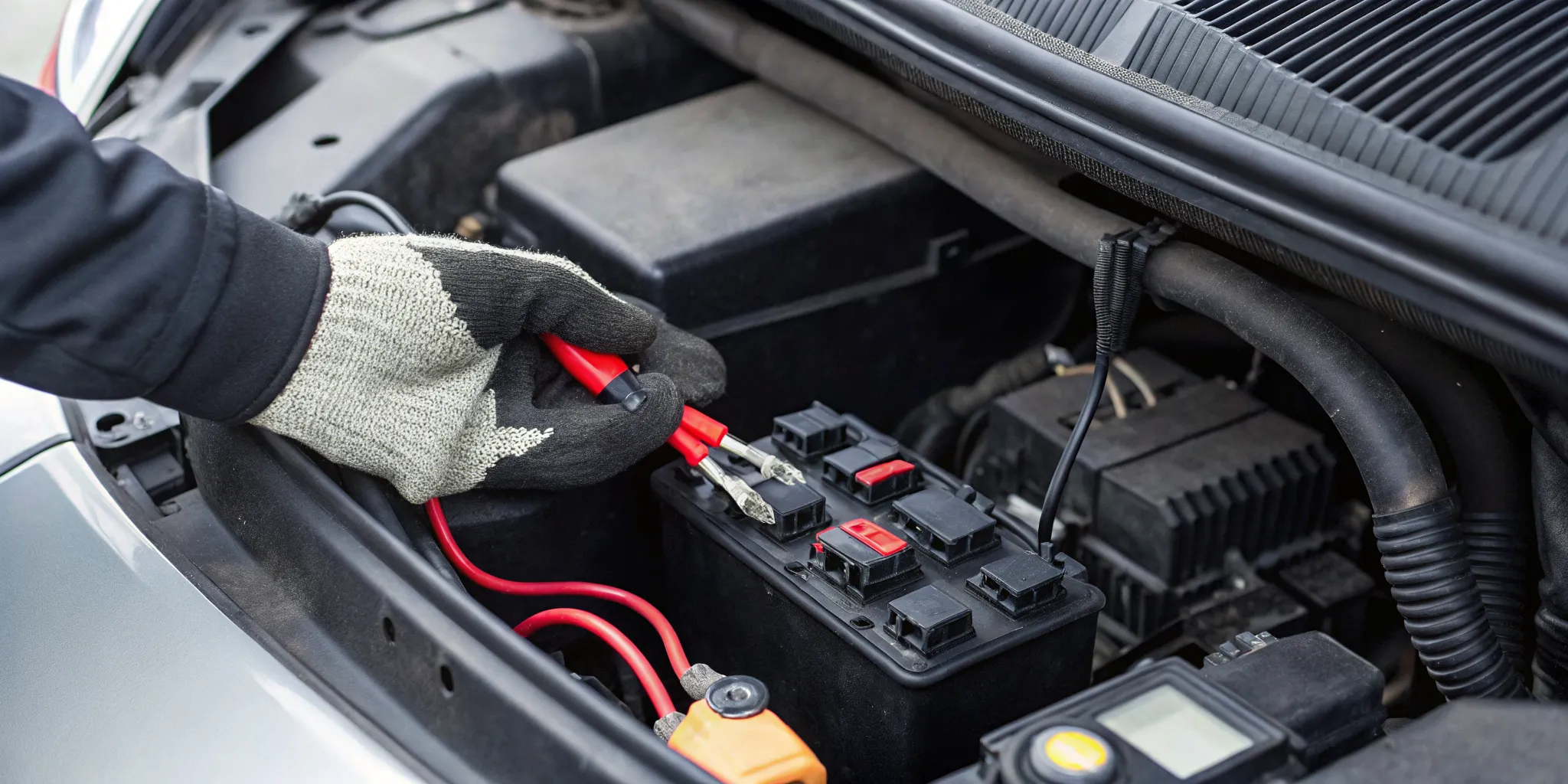 Gloved hand performing a starter relay test with jumper cables under the hood.