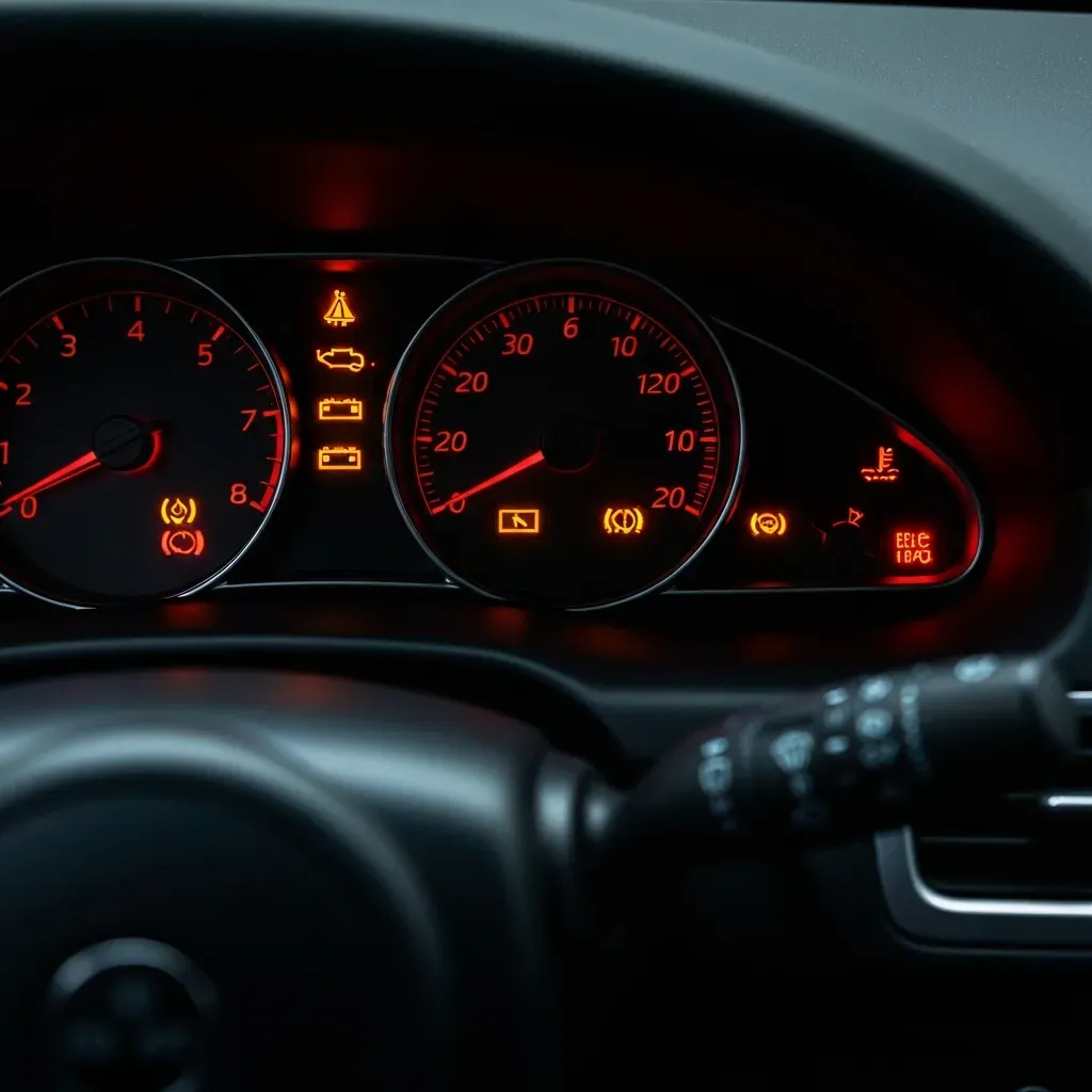Car dashboard with multiple warning lights illuminated, signaling urgent maintenance needs