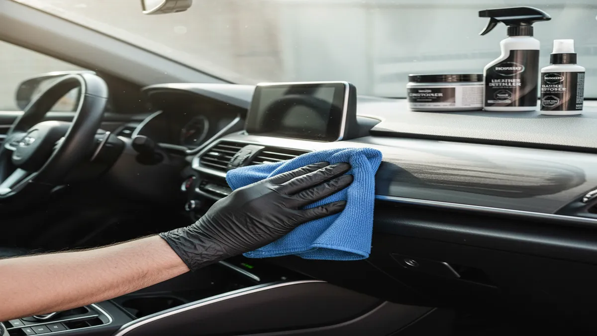 Close-up of professional interior car detailing with microfiber cloth cleaning a dashboard