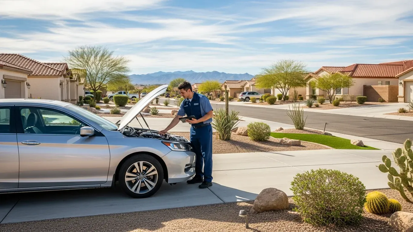 Mobile mechanic performing a vehicle inspection at a customer driveway in Las Vegas