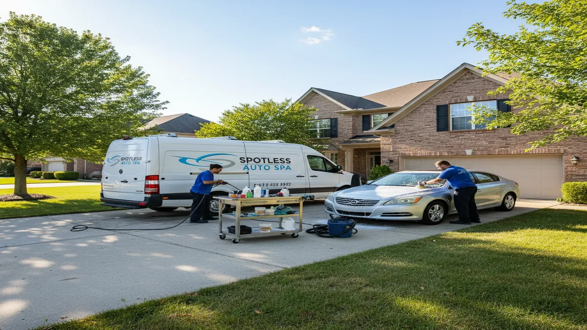 Mobile car detailing van and equipment set up in a residential driveway for on-site vehicle care