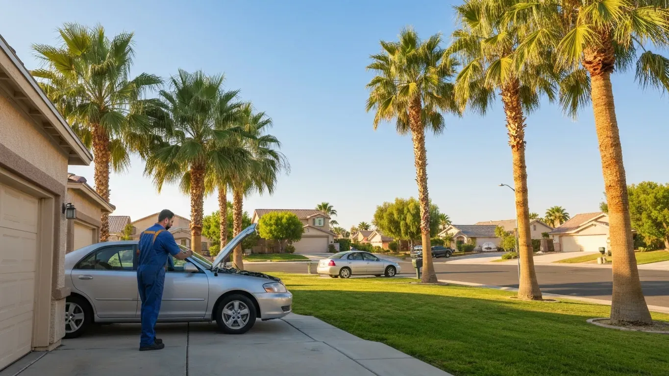 Mobile mechanic checking under the hood of a car in a North Las Vegas residential driveway